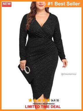 Plus Size Glitter Bodycon Midi Dress Ruched Wrap Long Sleeve Party
